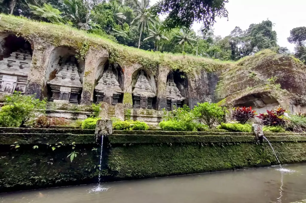 Ancient rock carvings at Gunung Kawi Bali With kids