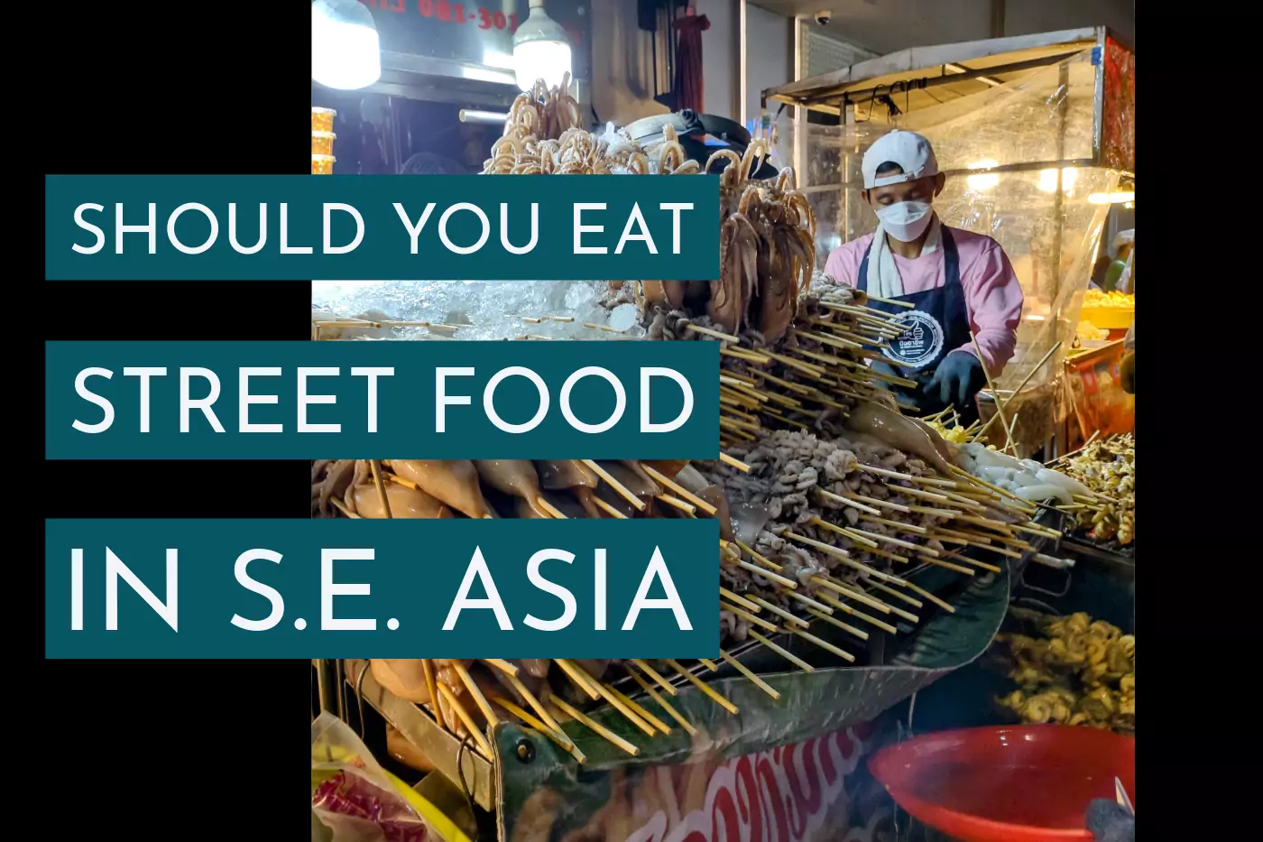 Street food stall in Southeast Asia, text reads "Should You Eat Street Food in S E Asia