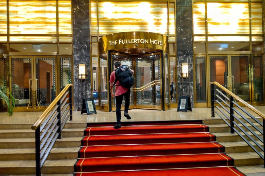 The author's son entering a luxury hotel in Singapore Southeast Asia